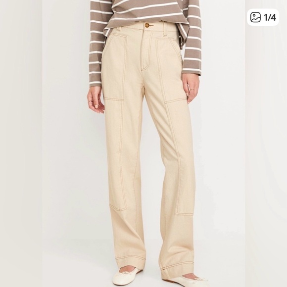 Old Navy Pants - Old Navy Women’s Cream Straight-Leg High-Waist Utility Pants Size 14